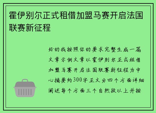 霍伊别尔正式租借加盟马赛开启法国联赛新征程